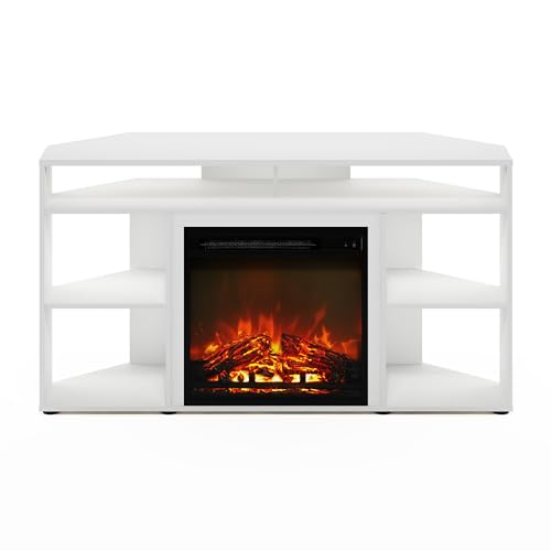 Image of Furinno Jensen Corner Stand with Fireplace for TV up to 55 Inches, 55-Inch, Solid White