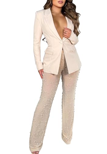 LKOUS Sexy Blazer Suits for Women,Long Sleeve Blazer and Mesh Beading Pants Clubwear Set with Underwear