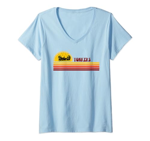 Mujer Ciudad retro con logotipo de puesta de sol vintage de Yonkers Camiseta Cuello V
