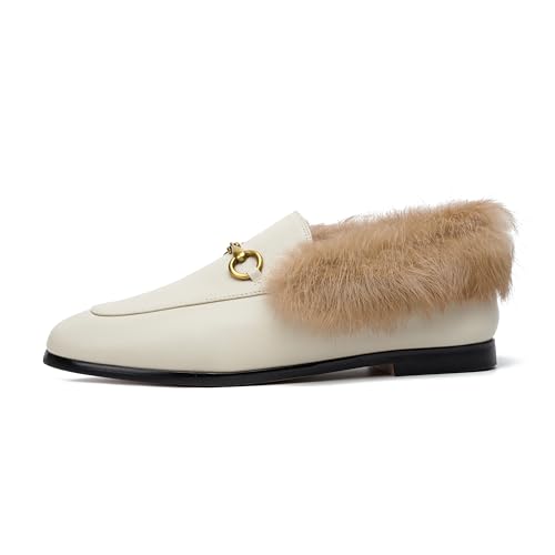 Image of Vertundy White Loafers Beige Fur Loafers for Women Low Heel Flats Loafers