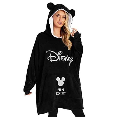 Disney Minnie Mouse Kapuzenpullover Damen Oversize Hoodie Decke mit Ärmeln Sherpa Pullover mit Kapuze Damen Teens Weiche und Warme Geschenk Idee (Schwarz)