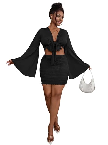 Image of LYANER Women 2 Piece Vacation Outfits Tie Knot Front Bell Long Sleeve Crop Top and Mini Skirt Summer Set
