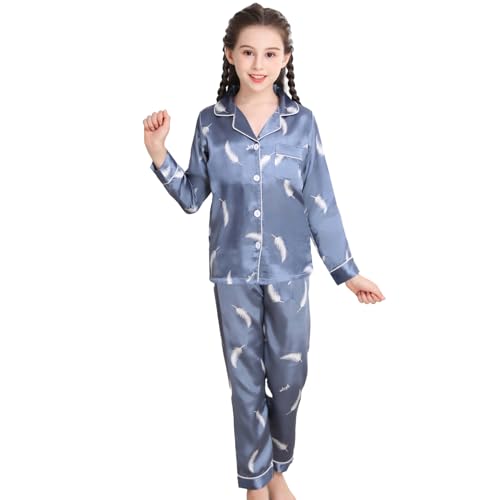 RuanMM Conjunto de pijama de satén suave para niñas | Ropa de dormir para niños | Conjuntos de pijama para niñas | Ropa de Dormir Suave, azul, 130 cm