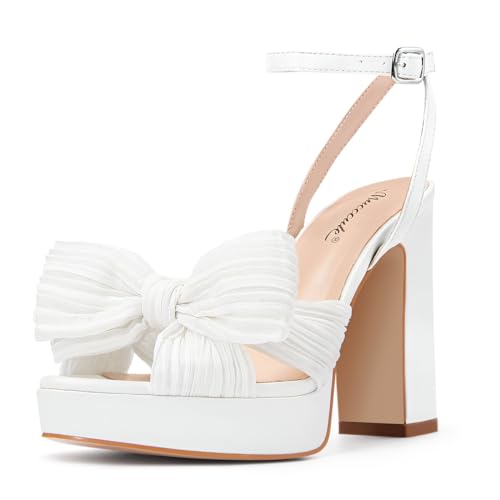 MUCCCUTE Bow Heels for Women Chunky Platform Heels with Ankle Strap Open Toe Heeled Sandals Bridal Wedding Dressy Shoes