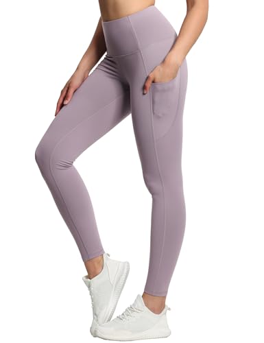 THE GYM PEOPLE Thick High Waist Yoga Pants with Pockets, Tummy Control Workout Running Yoga Leggings for Women Grey Purple