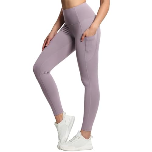 THE GYM PEOPLE Thick High Waist Yoga Pants with Pockets, Tummy Control Workout Running Yoga Leggings for Women Medium Grey Purple