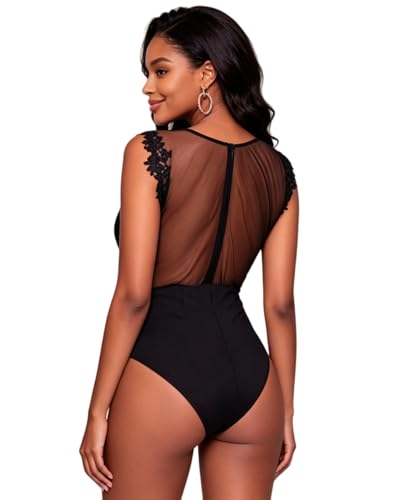 Image of RARITYUS Women Sexy Lace Bodysuit Jumpsuit See Through Mesh Sleeveless /Long Sleeve Tops Swimsuit for Party Outfit