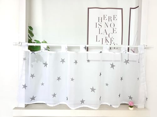 Devola Visillo de voile, transparente, corta, con trabillas, cortina de bistró con estrellas estampadas, para habitación infantil, 45 x 120 cm, gris, 1 unidad