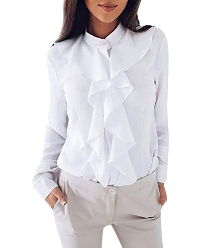Minetom Chemisier Femme Col V Blouse Élégant Mousseline de Soie Manches Longues Tendance Réglable Silk Chic Casual Haut Pull Épaule Dénudée Top Ample Fluide Vintage A Blanc FR 36