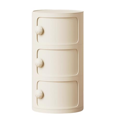 3 Tier Round Nightstand with Drawers, Plastic White Nightstand Modern Round Bedside Table with Handles and Sliding Door for Bedroom, Living Room