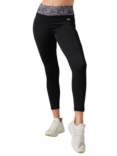 Image of Clovia Women's Snug-Fit High Rise Active Tights with Printed Waistband in Black