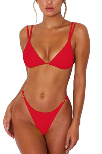 Image of Women's Sexy Thong Bottom Two Piece Bikini Double Shoulder Straps Cute Swimsuit Triangle Bathing Suit