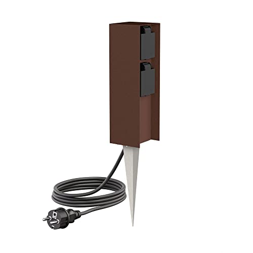 ledscom.de Columna de Enchufe para jardín POMI con Pica de Tierra y 2m de Cable para Exterior, IP44, 2 Veces, marrón, Angular, 23cm