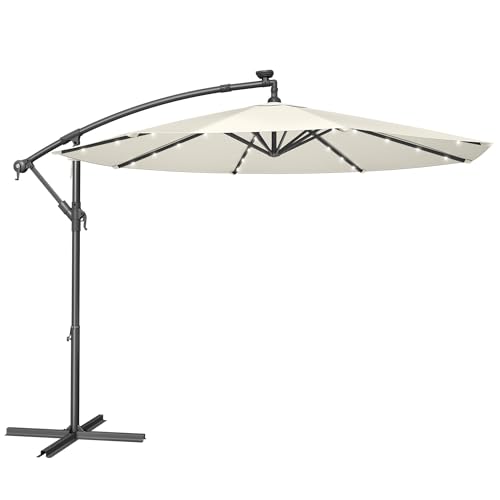 SONGMICS Sombrilla para Balcón con Iluminación LED Solar, Brazo de 300 cm de Diámetro, 32 Luces, con Base, Parasol UPF 50+, con Manivela, para Terraza, Jardín, Beige GPU118M01