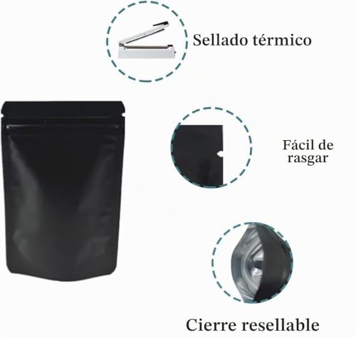 Miniatura 5 de Waccomt Pack 50 Unidades Stand Up Matte Aluminiumfolie Reißverschlussbeutel De Almacenamiento Para Alimentos Olores, Almacenamiento A Largo Plazo 11x16cm 4,3 X 6,3 Pulgadas, Negro