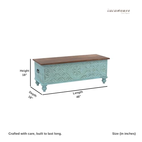 Image of Wooden Trunk Box for Storage | Solid Wood Coffee Table for Living Room | Handcrafted Center Tea Table with Sandook Storage for Living Room | Pitara for Home & Bedroom (Light Blue Distress)