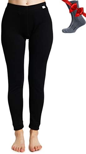 Merino Wool Base Layer Women Pants 100% Merino Wool Leggings Midweight Thermal Underwear Bottoms + Merino Wool Socks(Medium, Black)