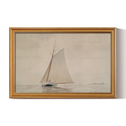 Image of HUARCEY Gold Framed Vintage Wall Art for Living Room, Seaview Painting Prints Shelf Decor for Kitchen, Aesthetic Bedroom Large Wall Art, Gifts for Friends or Family (White Sailboat - 16 inchx24 inch)