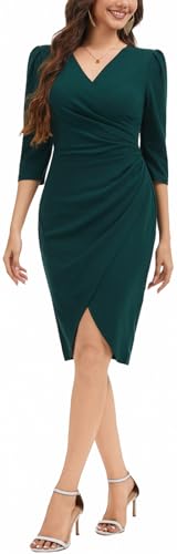 AayDon Sexy V Neck Dress for Women Casual 3/4 Sleeves Sheath Dark Green Faux Wrap Ruched Party Out Cocktail Dresses,X-Large