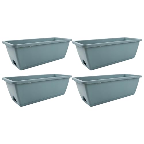 Lawnoval 4 cajas de plástico para ventana con orificios de drenaje y bandeja, 43 x 19 x 15 cm, rectangular, alféizar de la ventana, jardín, balcón azul