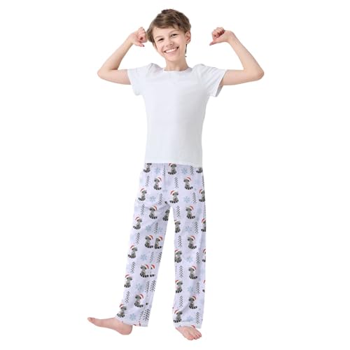 ZZXXB Raccoon with Xmas Hat Boys Long Pants Soft Trousers Elastic Waist Kids Lounge Bottoms with Pockets S-XL2