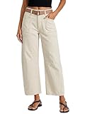 Flamingals Straight Wide Leg Jeans for Women Mid Waisted Casual Raw Hem Denim Capris Pants with Pockets Warm Beige 2XL
