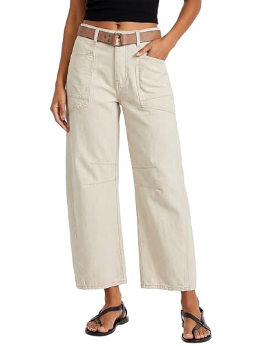 Flamingals Straight Wide Leg Jeans for Women Mid Waisted Casual Raw Hem Denim Capris Pants with Pockets Warm Beige 2XL