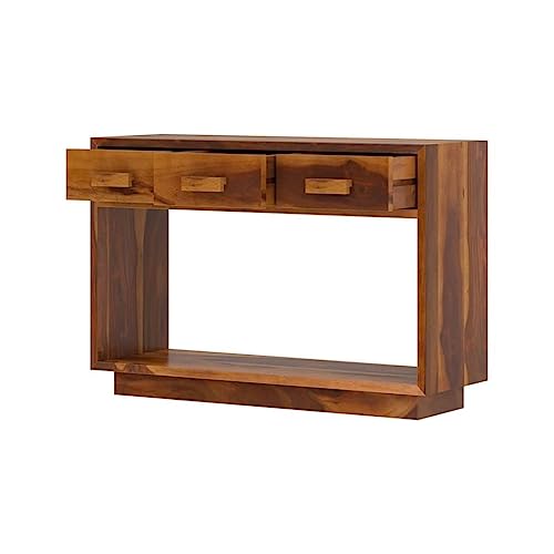 Image of Solid Sheesham Wood Console Table for Living Room | Entryway Hallway Sofa & Fish Tank Table with 3 Drawers & Shelf Storage | Rosewood Honey Finish