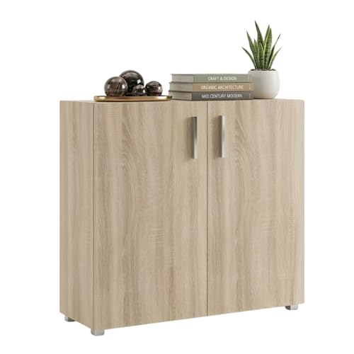 CASARIA Oak Look Vela Bookshelf | with 2 Doors 2 Compartments | 77 x 60 x 30 cm | Modern Side Cabinet | Bookcase | Wooden | Storage Unit