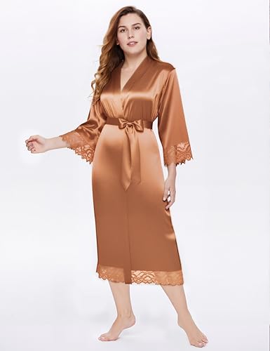 Image of BABEYOND Satin Kimono Robe Silky Long Bridesmaid Wedding Lightweight Bath Robe with Lace Trim