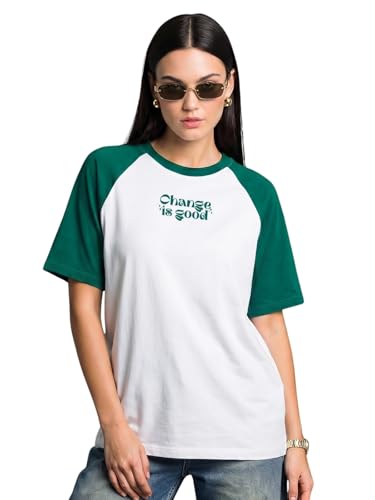 Image of JUNEBERRY 100% Pure Cotton Oversized Fit Drop Shoulder Graphic Printed Raglan Sleeves Boyfriend T-Shirt for Women (Sizes: S to 2XL)