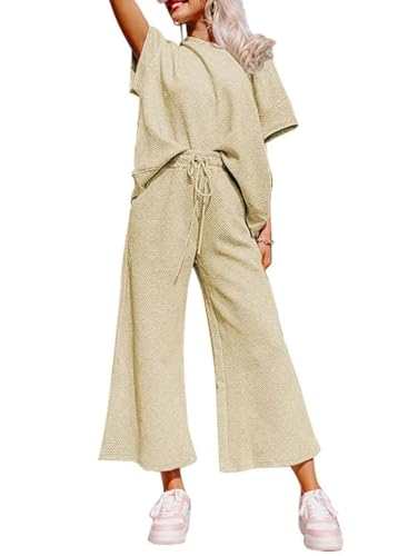 SHEWIN Women Spring Outfits Trendy Casual Fashion Two Piece Sets 2026 Business Work Vacation Airport Pant Clothes Lounge Matching Clothing Size M, Apricot