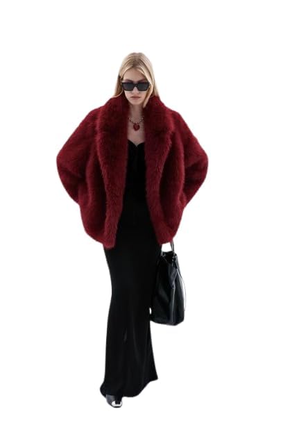 Patakadevi Women Solid Full Sleeve Faux Fur Standard Length Jacket Red | Winter Outings Travel Daily Use | Soft Faux Fur Coat Warm Layered Look Elegant Red Jacket for Women