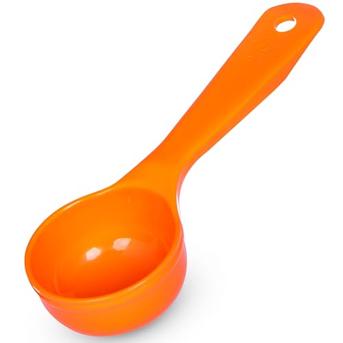 Image of Carlisle FoodService Products 7.10 inch 2.5 Ounce Solid Portion Control Spoon - Flat Bottom - Short Handle, Orange, (Pack of 12)