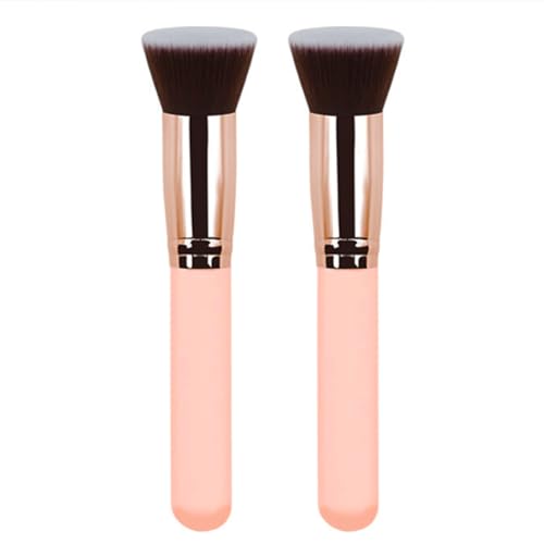 Reazana Kabuki Brushes 2pcs Foundation Blush Brush Makeup Brushes for Liquid Cream Powder Professional Cosmetics Blender Brush Face Blending Buffing Brushes Thick Soft Synthetic Fibers Flat Top (Pink)