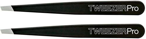 TweezerPro Professional Grade Stainless Steel Slant Tip Tweezers, 2 Pack, Matte Black