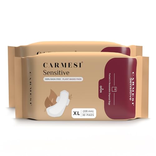Image of Carmesi Sensitive Sanitary Pads - 60 Count Pads(Xl)- Certified 100% Rash-Free By Gynecologist - Natural Plant Top Sheet - No Fragrance, No Chlorine - With Disposal Bags