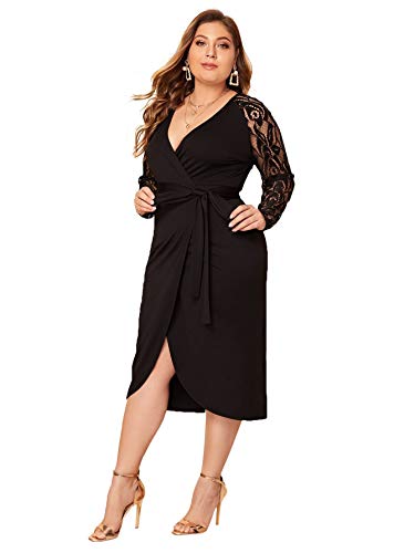 Shein Women's Plus Elegant Contrast Lace Sleeve Self Belted Wrap Stretchy Bodycon Pencil Dress Black Xx-Large Plus #TOP2