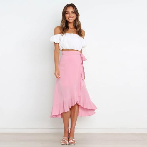 OBEEII Women Ruffle Wrap Skirt Summer Casual High Waist Tie Flowy Beach Skirt High Low Asymmetrical Split Midi Skirts2