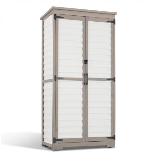 Outdoor Storage Cabinet – Store More in Less Space, Tall Vertical Garden Tool Organizer with 4 Shelves & Long Handle Storage, Weather-Resistant Patio Cabinet for Backyard, Garden, Side Yard