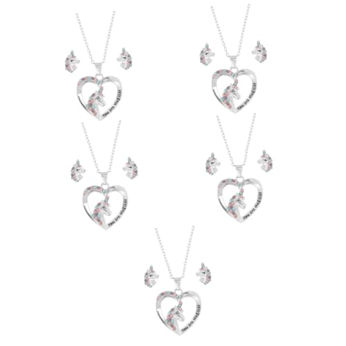 DEARMAMY 5 Juegos Joyería De Unicornio Decoración Pendientes Joyas De Mujer Cuello Collar De Corazón Para Niñas Joyas De Niñas Joyería De Las Mujeres Collar Colgante Aleación De Zinc Silver