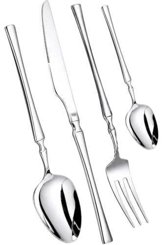 Image of Elegant Handle Silver 16 Pcs Heavy Duty Stainless Steel Cutlery Set for Dining Table (4 pcs Spoon Set+4 pcs Forks Set+4 pcs Butter Knife+4 pcs Dessert Spoon for Kitchen)