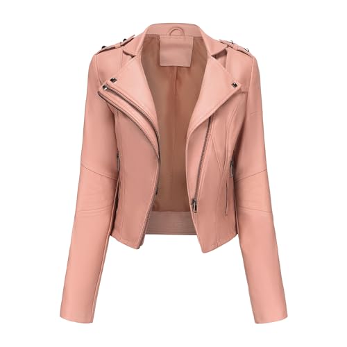 Silunma2021 Chaquetas cortas delgadas y delgadas para mujer, abrigos elegantes de cuero de color sólido, con cremallera, casual, manga larga, ropa exterior (rosa, L)
