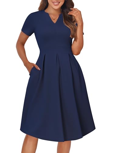 Image of YATHON Womens Elegant Print Notched Neck Slant Pocket Pleated Hem Casual A-Line Dress