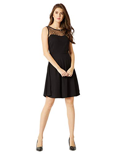 Image of Miss Chase Women's Black Round Neck Sleeveless Cotton Solid Sheer and Pearl Detailing Mini Skater Dress