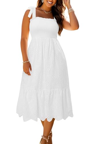 Image of Pinup Fashion Plus Size Summer Sun Smocked Eyelet Tie Straps Midi Dress | Adjustable tie straps, square neck, high waist, flowy tiered A-line, perfect for casual beach, holiday vacation, photoshoot