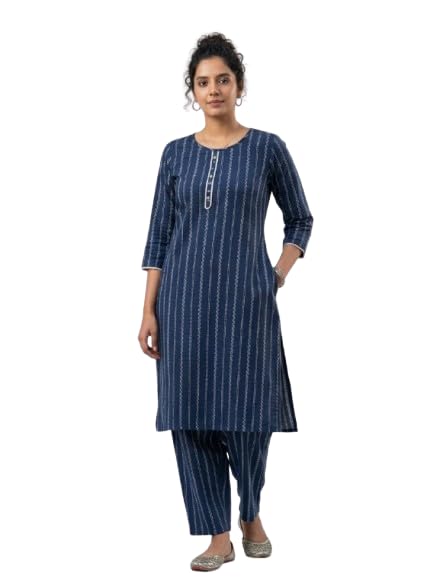 Image of Women Cotton Blend Kurti Pant Set for Women Ethnic Printed Straight Kurta with Pants Co Ord Set Casual Office Wear Traditional Kurta Set Blue 3 /4 Sleeve Round Neck