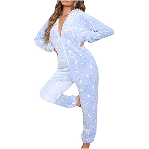 Hatoys Long Sleeve Jumpsuit for Women Zipper Front Star Moon Print Soft Short Plush Onesie Long Johns Indoor Night Gown