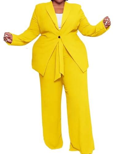 IyMoo Yellow Suit 2 Piece Outfit Women Plus Size Office Lady Blazer Business Suit Set Blazer Jacket and Straight Leg Pants Yellow 2X