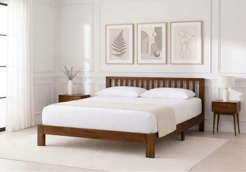 Image of King Size Solid Wood Premium Minimalist Bed | Modern Durable Double Bed - Walnut Finish - 78x72 inches